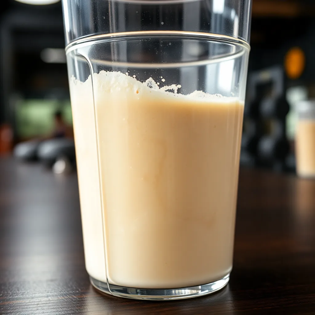 vaso de proteína en polvo diluida en agua