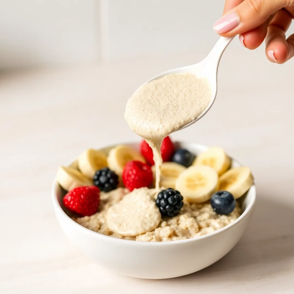 Plato de avena con frutas y una mano echando un scoop de proteina